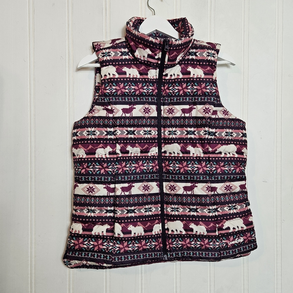 Lands’ End Down Puffer Vest Size S Reindeer Bear Print Snow Holiday Winter Xmas - Picture 2 of 14